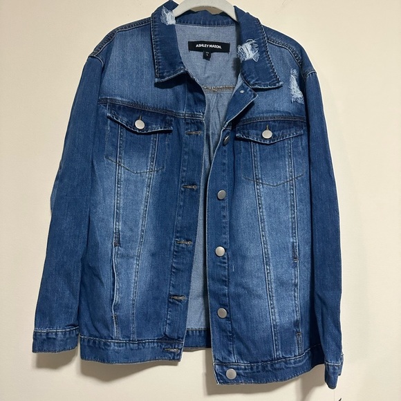 Ashley Mason Denim Blue Jean Jacket Women's Large Distressed Dark Wash Jacket - Picture 1 of 6